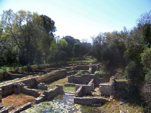 Ruins at an archaelogical site surrounded by vegetation